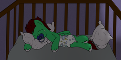 Size: 1500x750 | Tagged: safe, artist:datspaniard, artist:zalakir, oc, oc only, oc:northern haste, adult foal, colored, crib, diaper, non-baby in diaper, pacifier, request, sleeping, solo
