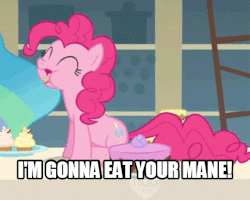 Size: 540x432 | Tagged: safe, screencap, pinkie pie, princess celestia, a bird in the hoof, g4, season 1, animated, chewing, chewing ponies, eating, female, mane