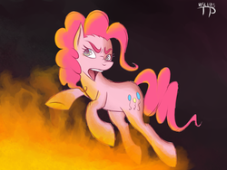 Size: 1600x1200 | Tagged: safe, artist:thethunderpony, pinkie pie, g4, eyebrows, female, fire, jumping, sketch, solo