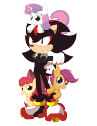 Size: 3516x4549 | Tagged: artist needed, source needed, safe, apple bloom, scootaloo, sweetie belle, g4, crossover, cutie mark crusaders, edgy, frown, glare, grin, gun, high res, looking at you, male, pony hat, riding, shadow the hedgehog, simple background, smiling, sonic the hedgehog (series), this will end in tears and/or death and/or covered in tree sap, transparent background, weapon