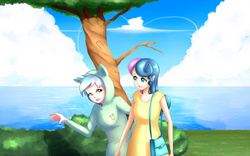 Size: 1920x1200 | Tagged: safe, artist:frankier77, bon bon, lyra heartstrings, sweetie drops, human, g4, clothes, costume, duo, hoodie, humanized, kigurumi, looking at each other, looking at someone, purse, smiling, tree, water