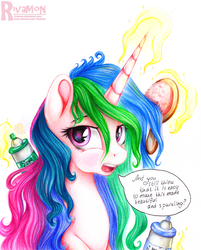 Size: 1550x1925 | Tagged: safe, artist:vird-gi, princess celestia, g4, brush, colored pencil drawing, dialogue, female, hairspray, levitation, looking at you, magic, messy mane, open mouth, solo, speech bubble, telekinesis, traditional art