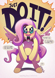 Size: 800x1132 | Tagged: safe, artist:crikeydave, fluttershy, pony, g4, bipedal, drool, female, floppy ears, glare, just do it, looking at you, meme, open mouth, parody, shia labeouf, solo, spittle, spread wings, starry eyes, stars, wingding eyes, yelling