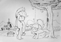Size: 1600x1107 | Tagged: safe, artist:php104, apple bloom, applejack, earth pony, pony, g4, apple, applebucking, duo, eyes closed, falling, female, filly, i can't believe it's not idw, kicking, leaves, mare, monochrome, mountain, orchard, outdoors, pain star, path, raised hoof, raised leg, siblings, sisters, sketch, stars, sweet apple acres, traditional art, tree