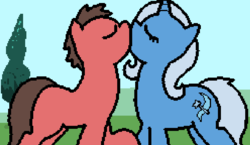 Size: 834x484 | Tagged: safe, artist:pokehidden, trixie, oc, oc:big brian, earth pony, pony, unicorn, banned from equestria daily, g4, bixie, canon x oc, ending, female, kiss on the lips, kissing, male, mare, shipping, straight