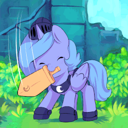 Size: 749x746 | Tagged: safe, artist:ende26, princess luna, alicorn, pony, g4, animated, armor, cute, diabetes, ende will be the end of us, eyes closed, fantasy class, female, filly, helmet, knight, lunabetes, mouth hold, photoshop, smiling, solo, stomping, sweet dreams fuel, swinging, sword, warrior, weapons-grade cute, wooden sword, woona, woona knight, young