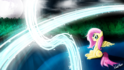 Size: 1280x720 | Tagged: safe, artist:finalaspex, fluttershy, g4, female, magic, night, sitting, smiling, solo
