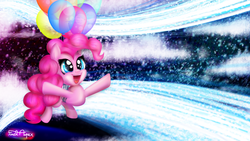 Size: 1280x720 | Tagged: safe, artist:finalaspex, pinkie pie, earth pony, pony, g4, balloon, female, floating, magic, night, smiling, solo, then watch her balloons lift her up to the sky