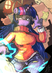 Size: 2893x4092 | Tagged: safe, artist:nxyde, twilight sparkle, anthro, g4, action pose, book, breasts, busty twilight sparkle, clothes, female, jeans, magic, manga style, scroll, solo, sweater, turtleneck