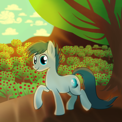 Size: 2000x2000 | Tagged: safe, artist:finalaspex, oc, oc only, oc:slanderous mist, apple, apple tree, commission, high res, smiling, solo, sweet apple acres, tree, trotting