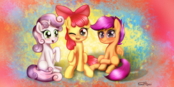 Size: 2000x1000 | Tagged: safe, artist:finalaspex, apple bloom, scootaloo, sweetie belle, g4, cutie mark crusaders, looking at you, sitting, smiling