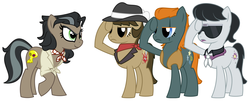 Size: 1600x644 | Tagged: safe, artist:evilfrenzy, biff, doctor caballeron, rogue (g4), withers, daring don't, g4, bandana, clothes, collar, glasses, hat, henchmen, rule 63, shirt, vest
