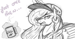 Size: 5511x2893 | Tagged: safe, artist:nxyde, princess celestia, g4, baseball cap, clothes, cup, dialogue, female, hat, hoodie, magic, monochrome, open mouth, solo, steam, sweater, telekinesis