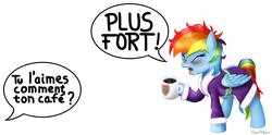 Size: 2212x1100 | Tagged: safe, artist:finalaspex, rainbow dash, tank, pegasus, pony, g4, bathrobe, clothes, coffee, dressing gown, female, french, louder, morning, morning ponies, mug, offscreen character, pun, screaming, solo, translated in the comments, who's on first?