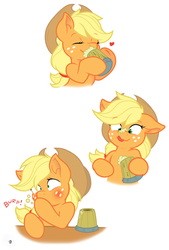 Size: 2500x3700 | Tagged: safe, artist:joey darkmeat, artist:starbolt-81, applejack, earth pony, pony, g4, burp, cider, comic, cute, drink, drinking, female, floppy ears, freckles, heart, jackabetes, mare, messy, simple background, solo, transparent background