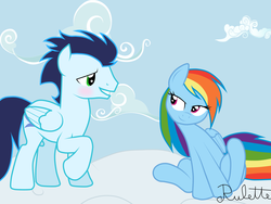 Size: 4000x3000 | Tagged: safe, artist:joey darkmeat, artist:rulette, rainbow dash, soarin', pony, g4, bedroom eyes, blushing, crush, duo, female, flirting, male, raised leg, ship:soarindash, shipping, sitting, smiling, straight