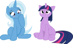 Size: 6587x4000 | Tagged: safe, artist:bork88, artist:joey darkmeat, trixie, twilight sparkle, pony, unicorn, g4, :o, absurd resolution, blushing, cute, doll, female, lesbian, mare, plushie, ship:twixie, shipping, simple background, sitting, smiling, toy, transparent background, twidoll, underhoof