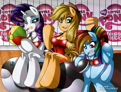 Size: 600x453 | Tagged: safe, artist:xjkenny, applejack, rainbow dash, rarity, whale, anthro, unguligrade anthro, arm hooves, bad anatomy, beach ball, blowing, breasts, busty applejack, busty rainbow dash, busty rarity, clothes, female, floaty, inflatable, inflatable toy, inflating, lifeguard, lifeguard applejack, lifeguard dash, one-piece swimsuit, pool toy, rainbow dashs coaching whistle, rainbutt dash, shiny, sitting, swimming pool, swimsuit, whistle, whistle necklace
