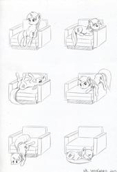 Size: 720x1057 | Tagged: safe, artist:el-yeguero, lyra heartstrings, pony, unicorn, g4, armchair, black and white, butt, chair, comic, cute, female, grayscale, lying down, mare, meme, monochrome, plot, simple background, sitting, sitting lyra, sleeping, solo, white background