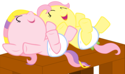 Size: 3200x1900 | Tagged: safe, artist:beavernator, fluttershy (g3), posey, pony, g1, g3, g4, baby, baby pony, babyshy, diaper, foal, g1 to g4, g3 to g4, generation leap, younger