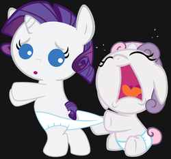 Size: 4500x4200 | Tagged: safe, artist:beavernator, rarity, sweetie belle, pony, g4, absurd resolution, babity, baby, baby belle, baby pony, crying, diaper, diapered, diapered fillies, diapered foals, female, filly, foal, sisters, white diapers