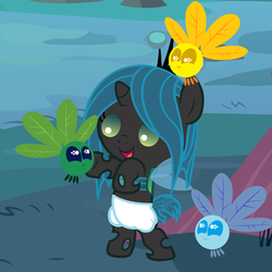 Size: 3000x3000 | Tagged: safe, artist:beavernator, queen chrysalis, changeling, nymph, parasprite, g4, baby, baby changeling, baby chrysalis, cute, cutealis, diaper, female, solo
