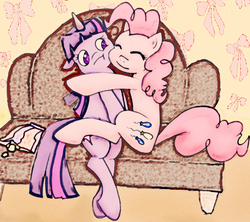 Size: 2370x2108 | Tagged: safe, artist:tryhardfailhard, pinkie pie, twilight sparkle, g4, couch, high res, hug