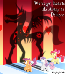 Size: 1134x1280 | Tagged: safe, artist:wangkingfun, apple bloom, scootaloo, sweetie belle, demon, g4, cutie mark crusaders, hearts as strong as horses, shadow