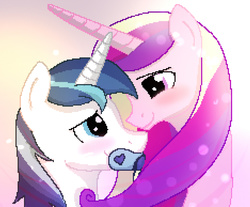 Size: 937x775 | Tagged: safe, artist:edrian, princess cadance, shining armor, g4, blushing, female, horn, horns are touching, looking at each other, male, pacifier, ship:shiningcadance, shipping, straight