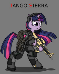 Size: 2384x2994 | Tagged: safe, artist:rex42, twilight sparkle, pony, unicorn, g4, ar-15, bipedal, female, gun, military, rifle, soldier, solo, weapon