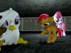 Size: 1024x768 | Tagged: safe, artist:rewirken, babs seed, gilda, pinkie pie, griffon, g4, 3d, abuse, bully, bullying, crying, gilda drama, gildabuse, gmod, hypocrisy, out of character