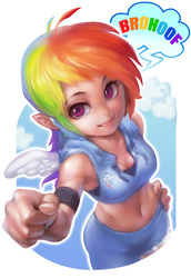 Size: 793x1155 | Tagged: safe, artist:ptcrow, rainbow dash, human, g4, armpits, belly button, elf ears, female, hoofbump, humanized, midriff, solo, winged humanization
