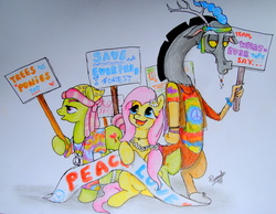 Size: 3129x2426 | Tagged: safe, artist:spacesheep-art, discord, fluttershy, tree hugger, g4, high res, hippie, protest, sign, tie dye, traditional art