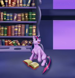 Size: 2400x2492 | Tagged: safe, artist:stormcrow-42, twilight sparkle, g4, book, bookshelf, female, filly, filly twilight sparkle, fluffy, high res, night sky, open mouth, solo, stars, studying