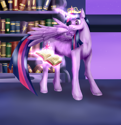 Size: 2400x2492 | Tagged: safe, artist:stormcrow-42, twilight sparkle, alicorn, pony, g4, book, bookshelf, crown, female, floor, high res, magic, mare, night sky, solo, stars, twilight sparkle (alicorn)