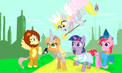 Size: 801x481 | Tagged: safe, artist:flockmodstream, artist:hipster-ponies, artist:kasun05, artist:shutterflye, applejack, derpy hooves, fluttershy, rarity, twilight sparkle, diamond dog, earth pony, pegasus, pony, unicorn, g4, clothes, costume, day, dress, dressup, flockdraw, hat, hiding, magic wand, the wizard of oz, unicorn twilight, witch hat