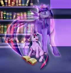 Size: 2400x2492 | Tagged: safe, artist:stormcrow-42, twilight sparkle, alicorn, pony, g4, book, bookshelf, crown, female, filly, filly twilight sparkle, floor, fluffy, high res, magic, mare, open mouth, solo, stars, twilight sparkle (alicorn)