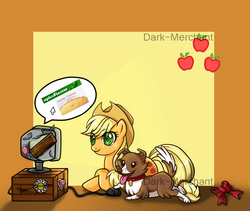 Size: 900x758 | Tagged: safe, artist:kuraidraws, applejack, winona, dog, earth pony, pony, g4, computer, computer mouse, crate, female, lying down, mare, monitor, pet, prone, smiling