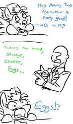 Size: 601x1024 | Tagged: safe, artist:jargon scott, oc, oc only, oc:anon, oc:jackie, bird pone, human, clothes, comic, dialogue, egg (food), food, funny, muffin, necktie, open mouth, sandwich, shocked, suit