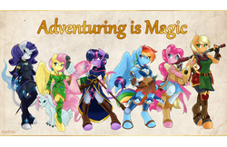 Size: 2550x1650 | Tagged: safe, artist:ambris, angel bunny, applejack, fluttershy, pinkie pie, rainbow dash, rarity, twilight sparkle, classical unicorn, anthro, unguligrade anthro, adventuring is magic, g4, adventuring party, breasts, dungeons and dragons, fantasy class, flattershy, horn, leonine tail, mane six, roleplaying