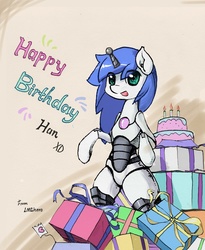 Size: 811x990 | Tagged: safe, artist:lmghero, oc, oc only, oc:robit-85, robot, cake, present, solo, style emulation