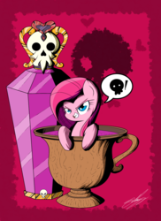 Size: 1606x2202 | Tagged: safe, artist:therandomjoyrider, pinkie pie, earth pony, pony, g4, cup, cup of pony, female, micro, pinkamena diane pie, poison, skull, solo, tiny ponies