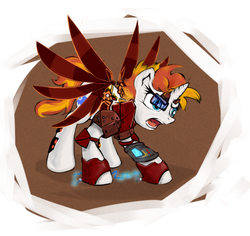 Size: 814x769 | Tagged: safe, artist:sapsan, oc, oc only, oc:iron gear, pony, unicorn, fallout equestria, armor, artificial wings, augmented, glare, glasses, mechanical wing, open mouth, pipbuck, solo, spread wings, wings