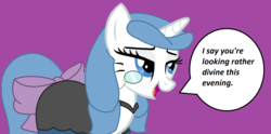 Size: 1975x977 | Tagged: safe, artist:t-mack56, fancypants, pony, unicorn, g4, base used, dialogue, fancy skirt, female, horn, mare, monocle, regal dress, ribbon, rule 63, show accurate, solo, speech bubble, text