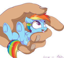 Size: 2359x2117 | Tagged: dead source, safe, artist:mistydash, rainbow dash, human, pony, g4, chest fluff, cute, dashabetes, floppy ears, hand, high res, holding a pony, in goliath's palm, micro, on back, open mouth, size difference, smiling, smoldash, tiny ponies, tongue out, underhoof