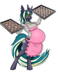 Size: 2400x3000 | Tagged: safe, artist:riddleaellinea, oc, oc only, oc:vanilla buns, unicorn, anthro, unguligrade anthro, apron, belly, big belly, bread, clothes, cookie, female, high res, housewife, looking at you, pregnant, simple background, solo, transparent background