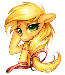 Size: 577x661 | Tagged: safe, artist:miszasta, applejack, g4, alternative cutie mark placement, fabulous, female, floppy ears, lidded eyes, looking at you, looking back, looking over shoulder, ribbon, solo, traditional art, watercolor painting