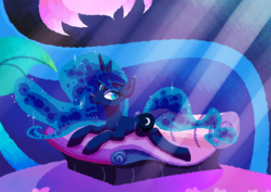 Size: 877x620 | Tagged: safe, artist:thisis913, princess luna, do princesses dream of magic sheep, g4, bed, female, flower, looking at you, morning ponies, prone, solo