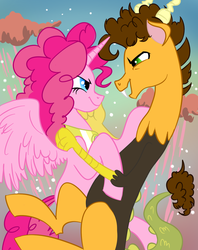 Size: 997x1260 | Tagged: dead source, safe, artist:carranzis, cheese sandwich, pinkie pie, alicorn, draconequus, pony, g4, alicornified, alternate universe, cheeseconequus, draconequified, eye contact, female, glare, hilarious in hindsight, hug, male, oh crap, open mouth, pinkiecorn, race swap, ship:cheesepie, shipping, smirk, species swap, spread wings, straight, the end is neigh, xk-class end-of-the-world scenario