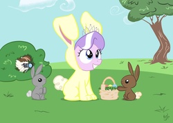 Size: 1768x1250 | Tagged: safe, artist:viraljp, diamond tiara, featherweight, rabbit, g4, bunny costume, clothes, cute, diamondbetes, easter, easter basket, easter bunny, easter egg